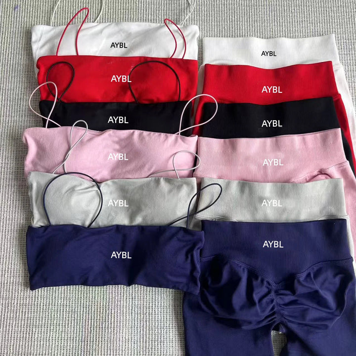 2 Pcs Strappy Bras Women Seamless Sports Yoga Short Set Gym Leggings Set Fitness Workout Adapt Seamless Strappy Sports Bras Set Tahsi Fashion House