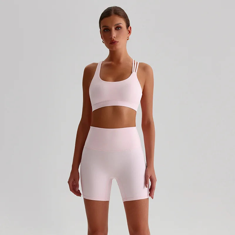Women's Seamless Yoga Set Quick-Dry Sexy Backless Sportswear Bra High-waisted Shorts Outdoor Running Gym Fitness Workout Outfit - ATFH
