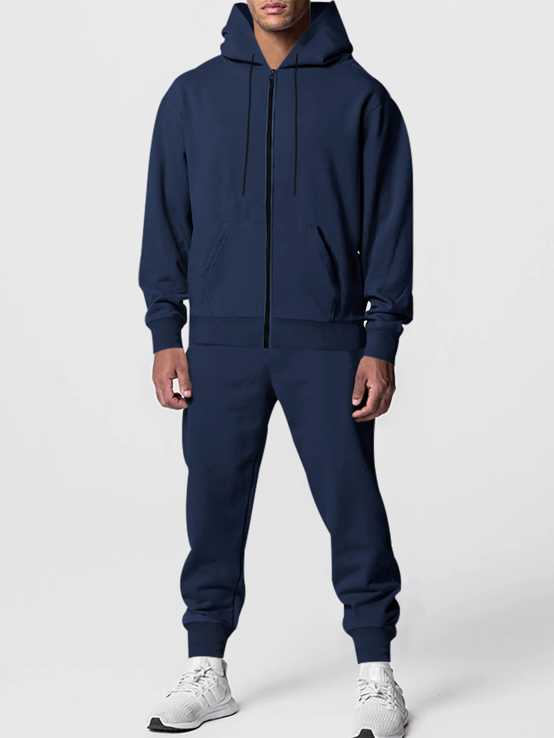 Autumn and winter men's solid color long-sleeved trousers hooded sports casual fleece suit warm and comfortable men's clothing - ATFH