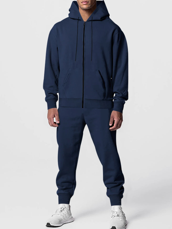 Autumn and winter men's solid color long-sleeved trousers hooded sports casual fleece suit warm and comfortable men's clothing - ATFH