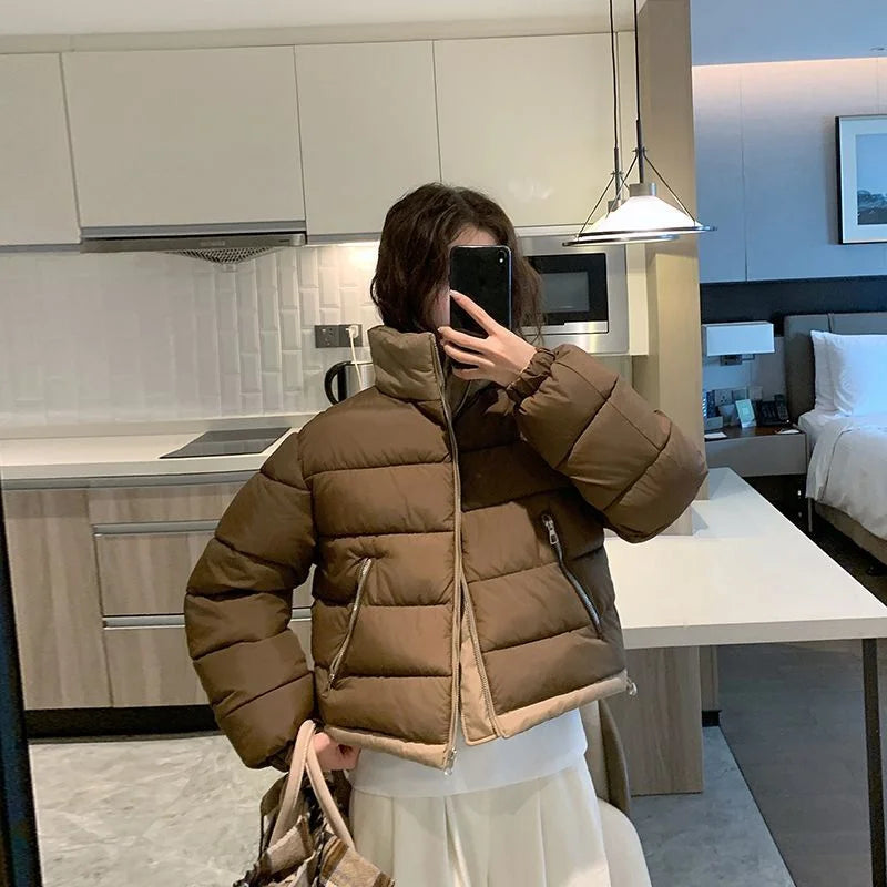 Wearing Down Cotton Jacket onBoth sSides, Women's Short Style Stand up Collar Cotton Jacket for Small People,  Contrasting Color ATFH