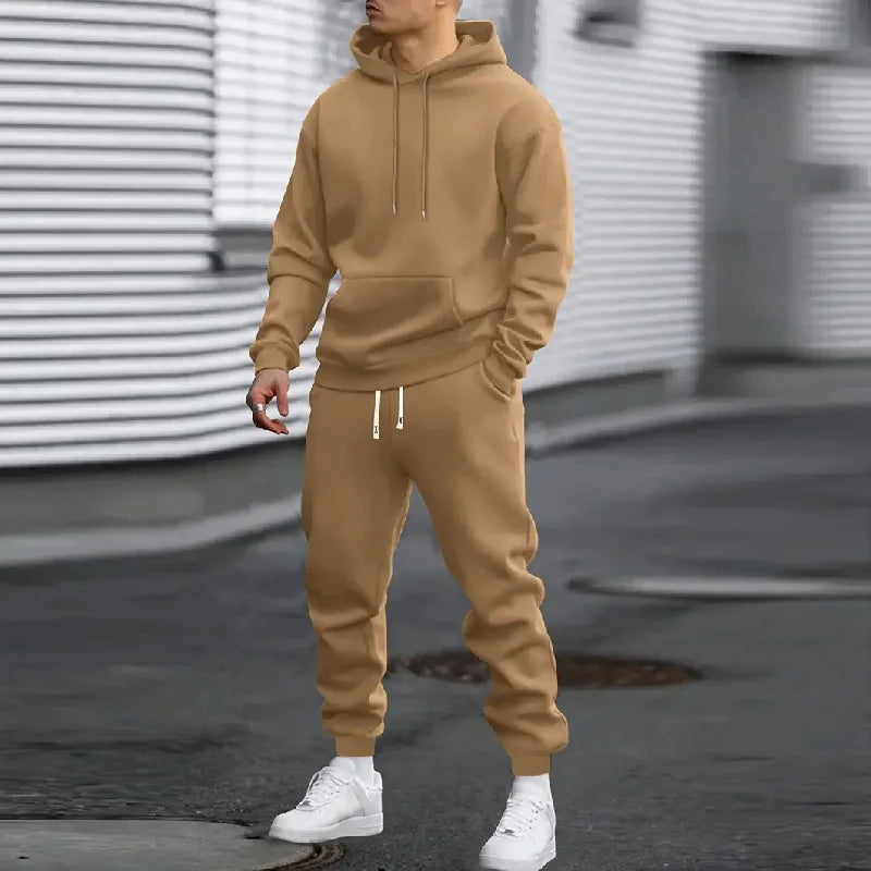 Spring and Autumn Set Men's Casual Sports Fashion Trend Comfortable Simple Running Set Solid Color Hoodie and Pants - ATFH