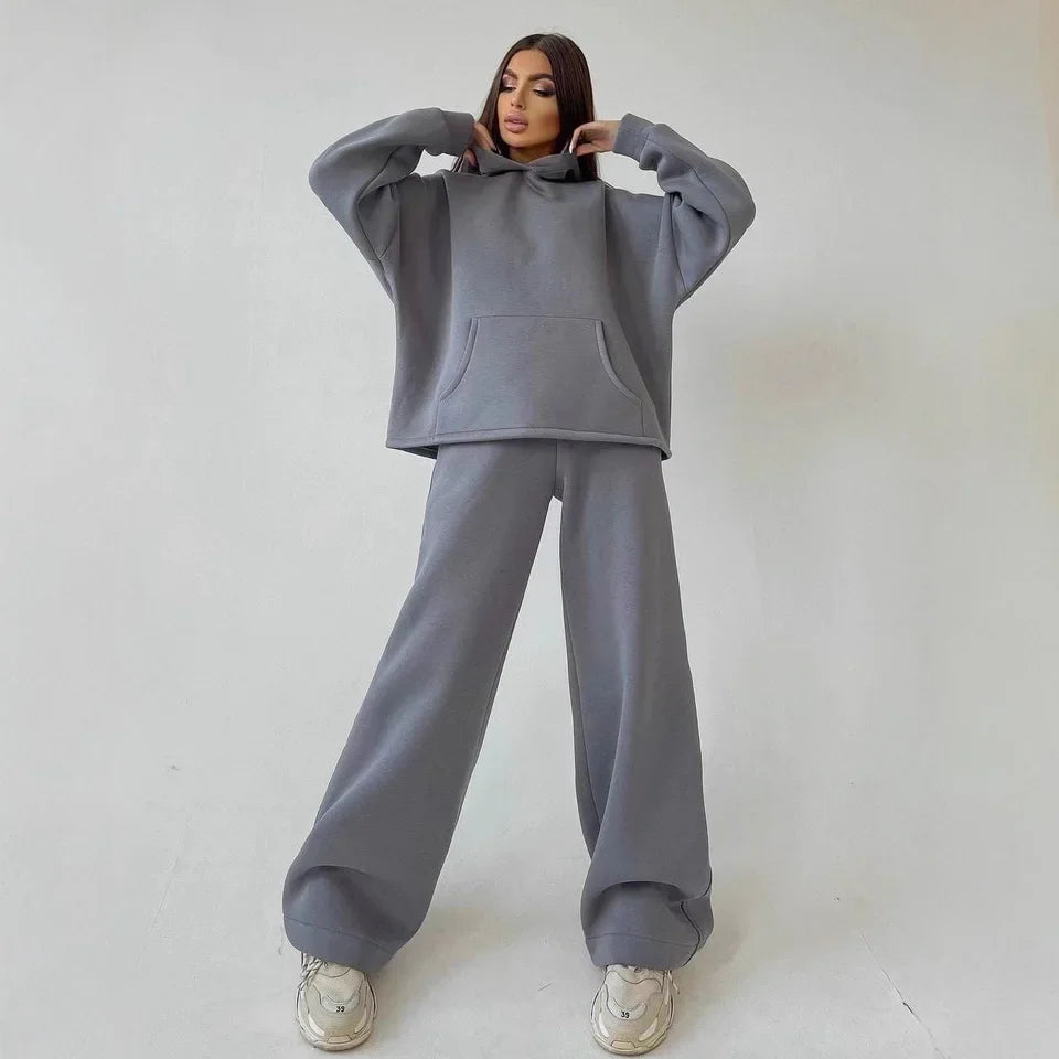 2025 New Autumn Winter Hooded Pocket Loose Sweatshirt Set Women Multi Color Options Casual Sport Two Piece Outfit