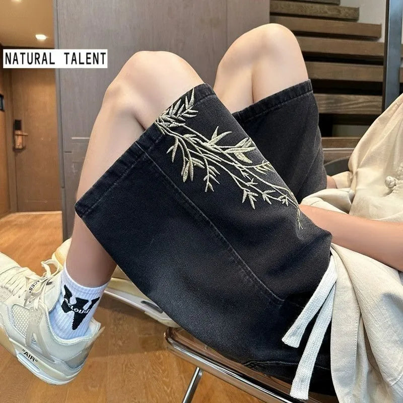 Men's 2026 Summer Retro Washed New Chinese Style Embroidered Denim Shorts Thin Loose Plus Size Streetwear 5-Pocket Capri Pants ATFH
