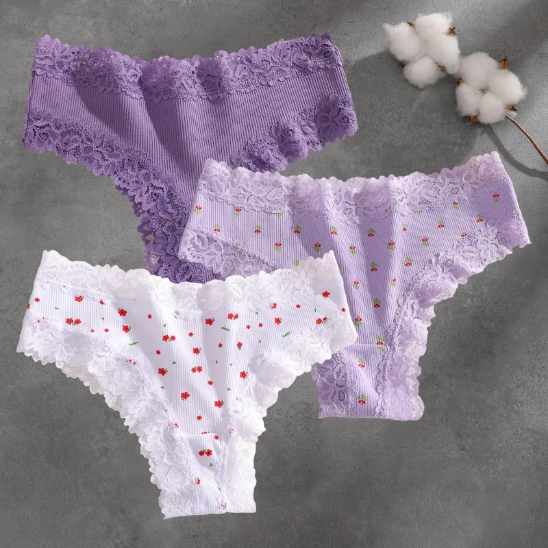 3Pcs Cotton Lace Patchwork Bikini Panties Women Seamless Floral Print Brazilian Pants Low Waist Breathable Female Sexy Lingerie