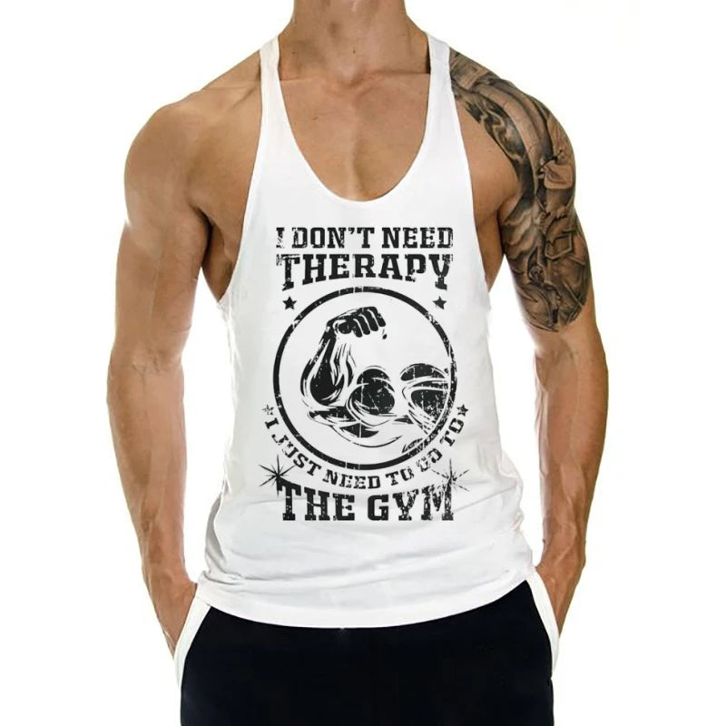 Men's "I don't need therapy, just the gym" Muscle Graphics Stringer Vest-Sleeveless Fitness, Bodybuilding and Plus Size Exercise