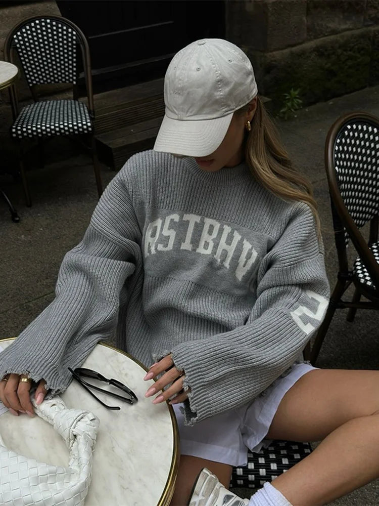 Fashion Solid Letter Print Pullover Women O-neck Long Sleeve Knitted Oversized Sweater Female Autumn Chic Casual Loose Knitwear - ATFH