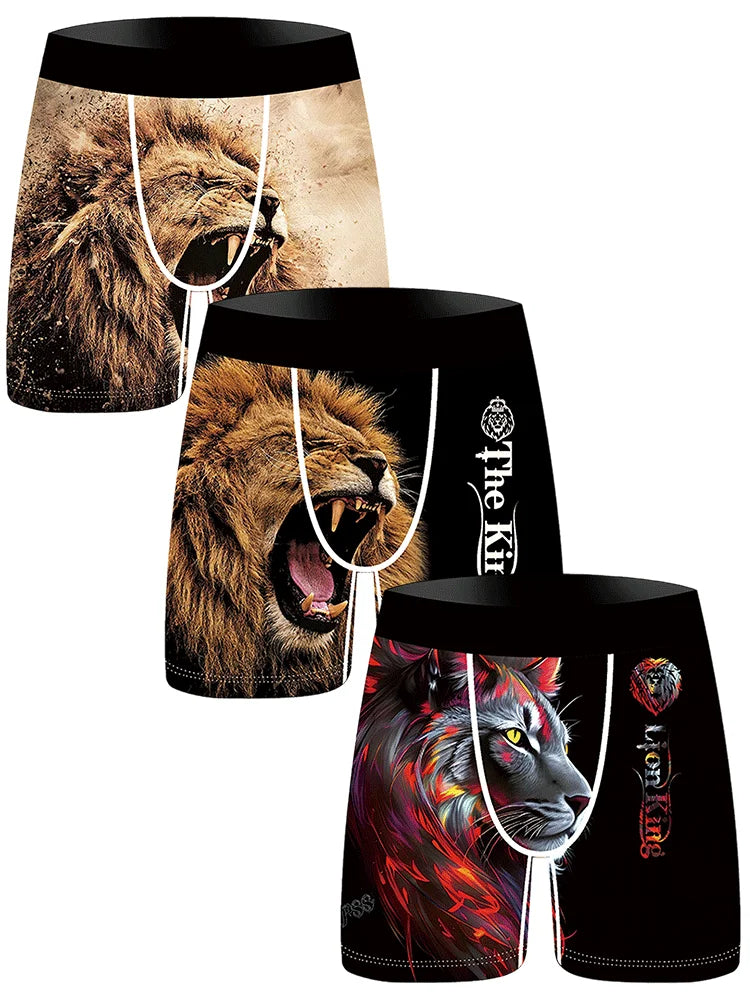3Pcs Lion Wolf Print Men Underwear Boxers Men's Novelty Underpant Breathable Printed Male Underpants Man Boxer Briefs