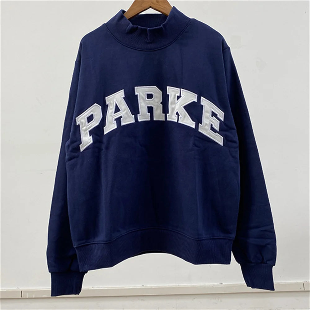 Women Letters Patch Embroidery Blue Sweatshirts Female Stand Collar Long Sleeve Pullover Casual Ladies Sports Top - ATFH
