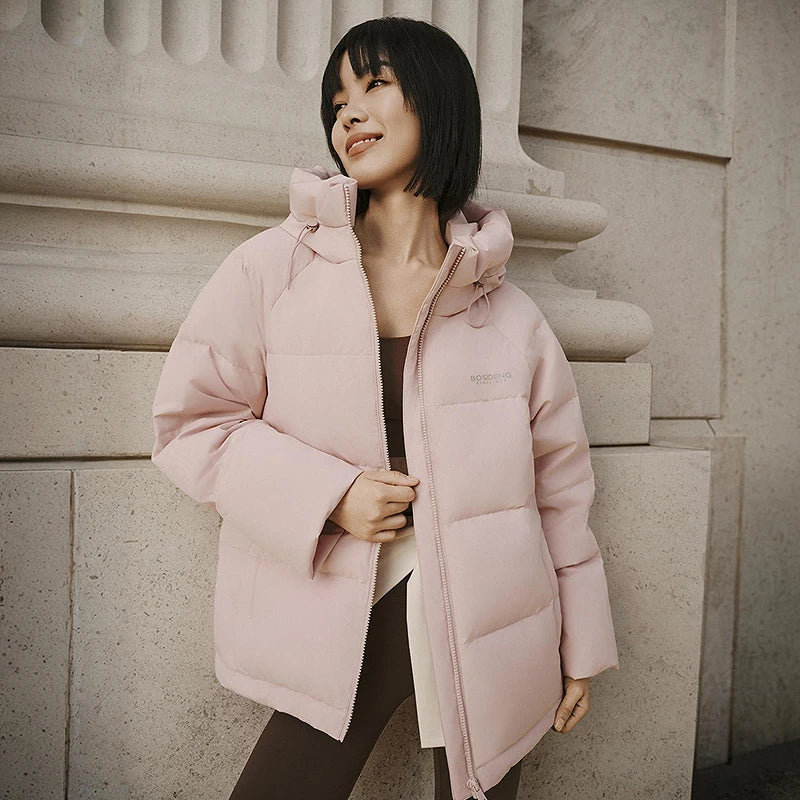 Bosideng Womens Raglan Sleeve Short Down Jacket With Knitted Cuffs Drawstring Hood And Fleece Pockets Winter Warm Fashion Coat