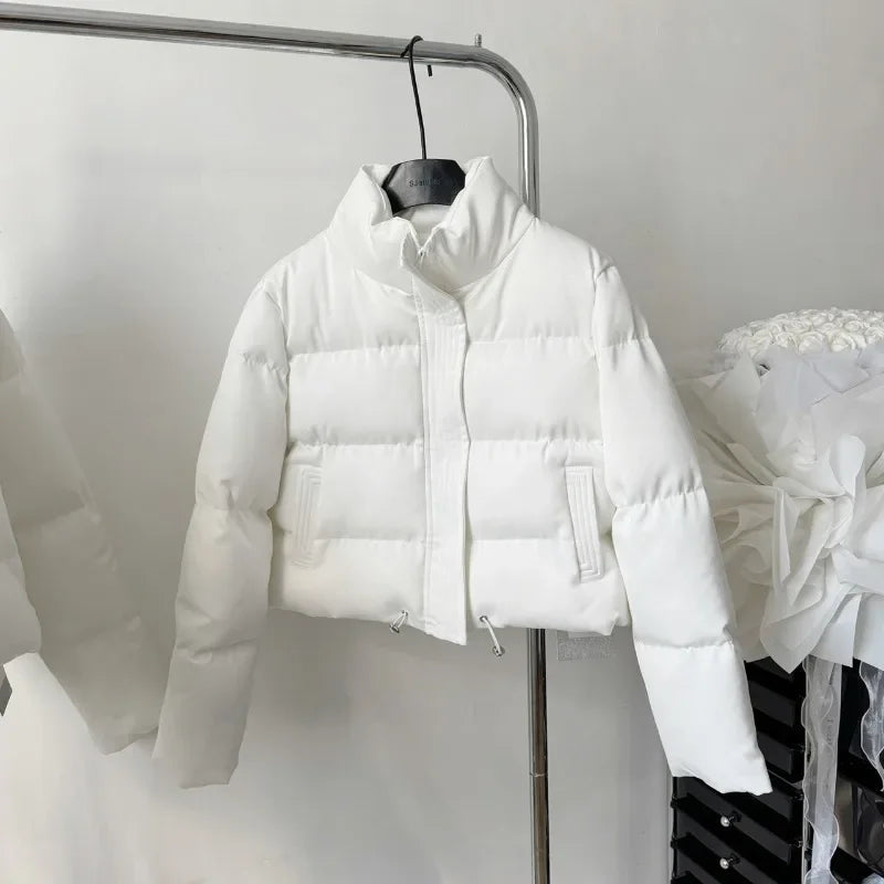 Fall and Winter New Women Tops Parkas Coats Stand Collar Long Sleeve Drawstring Waist Short Warm Parkas Jacket Female Clothing ATFH