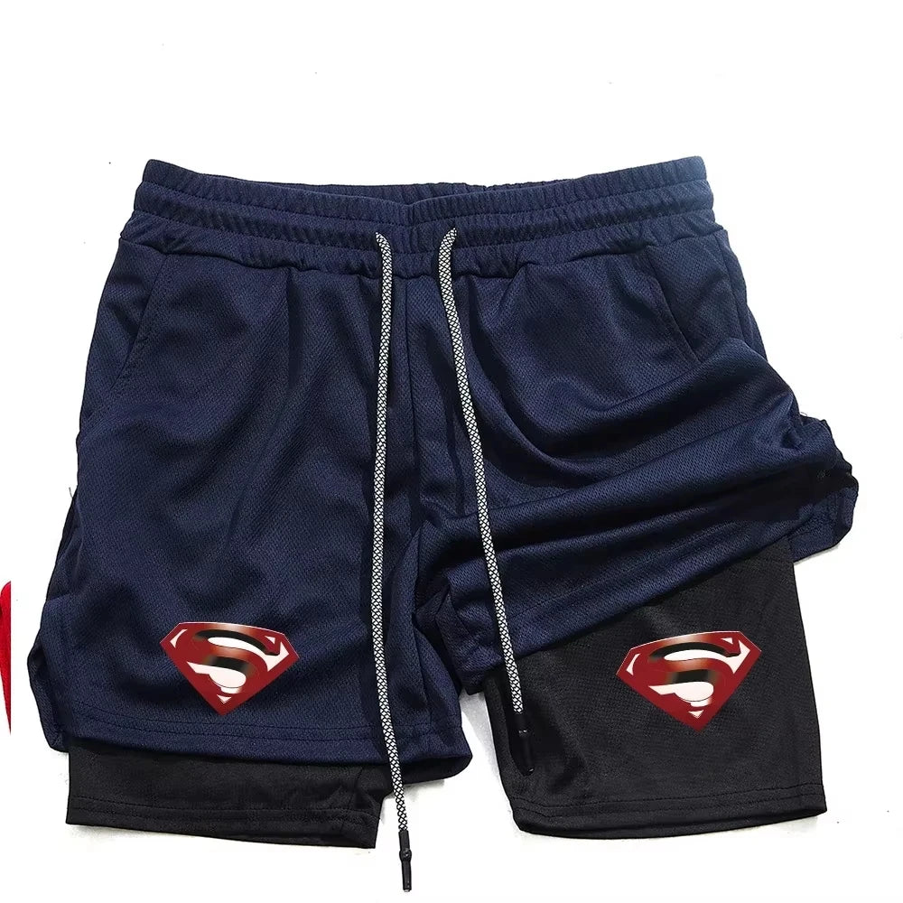 Superhero Print 2 in 1 Running Workout Sport Mesh Shorts Men Gym Performance with Phone Pocket Towel Loop Fitness Apparel