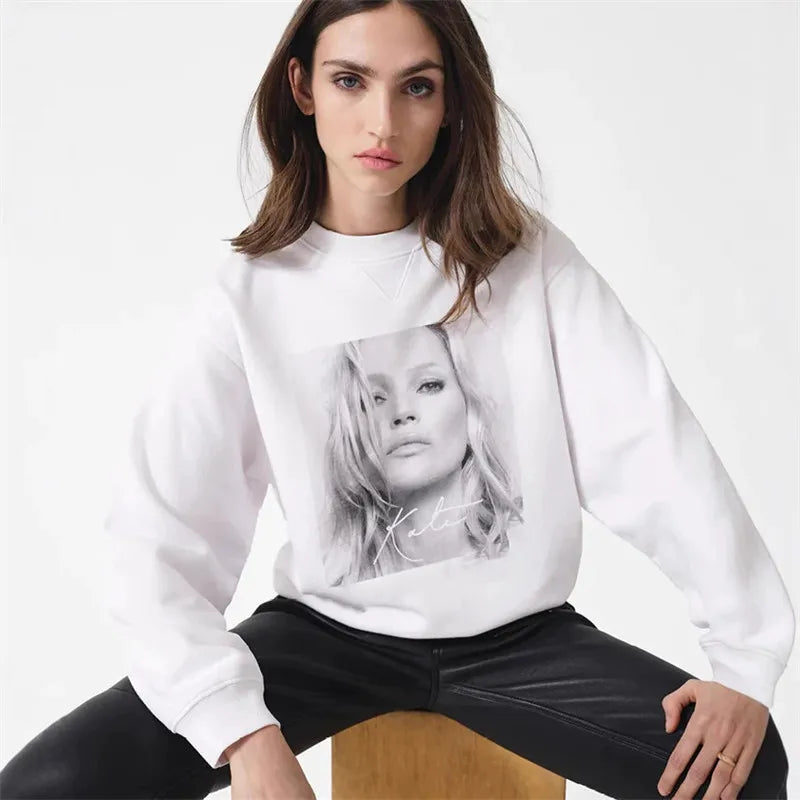 Grey Classic Letter Patch Embroidered Sweatshirt Women Soft Fleece Lining Crew Neck Long Sleeve Sweatshirts Female Autumn Winter - ATFH