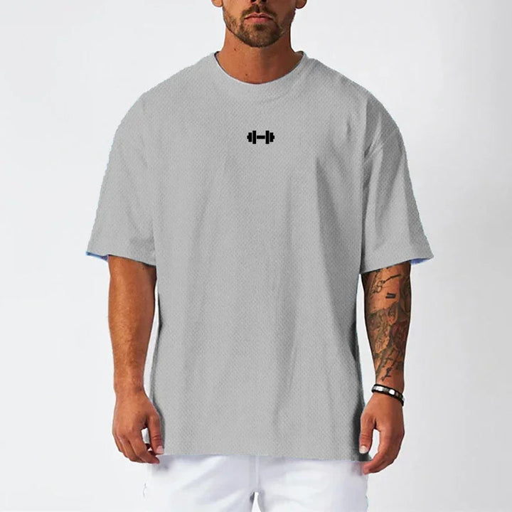 Oversized Loose Gym Clothing Mesh Quick Dry Bodybuilding Fitness Men Short Sleeve Barbell print Sport Streetwear Workout T-Shirt ATFH