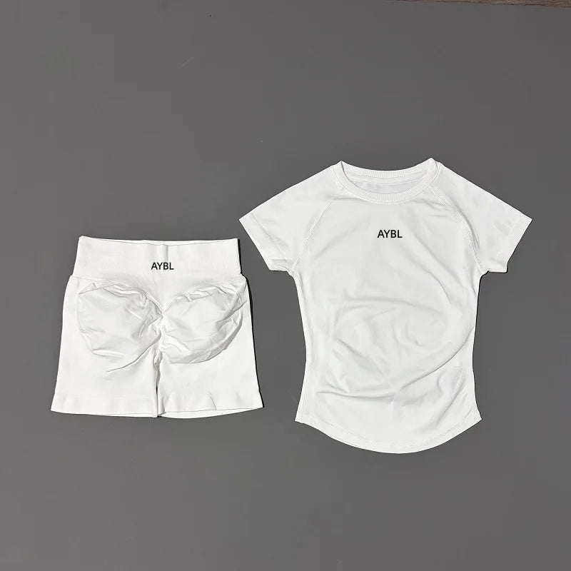 2 Pieces Sports Sets Short Sleeve Sculpt T Shirt Seamless Yoga Top Fitness Set Women Workout Running Sports Shorts Gym Suit - ATFH