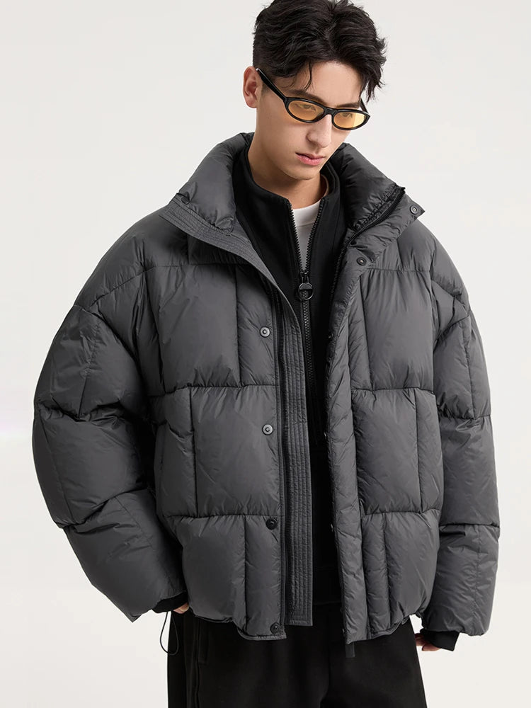 Men's Solid Color Puff Down Coats 2026 Winter Fashion Thick Warm Loose Jackets Male Stand-up Collar Bread Overcoats W919