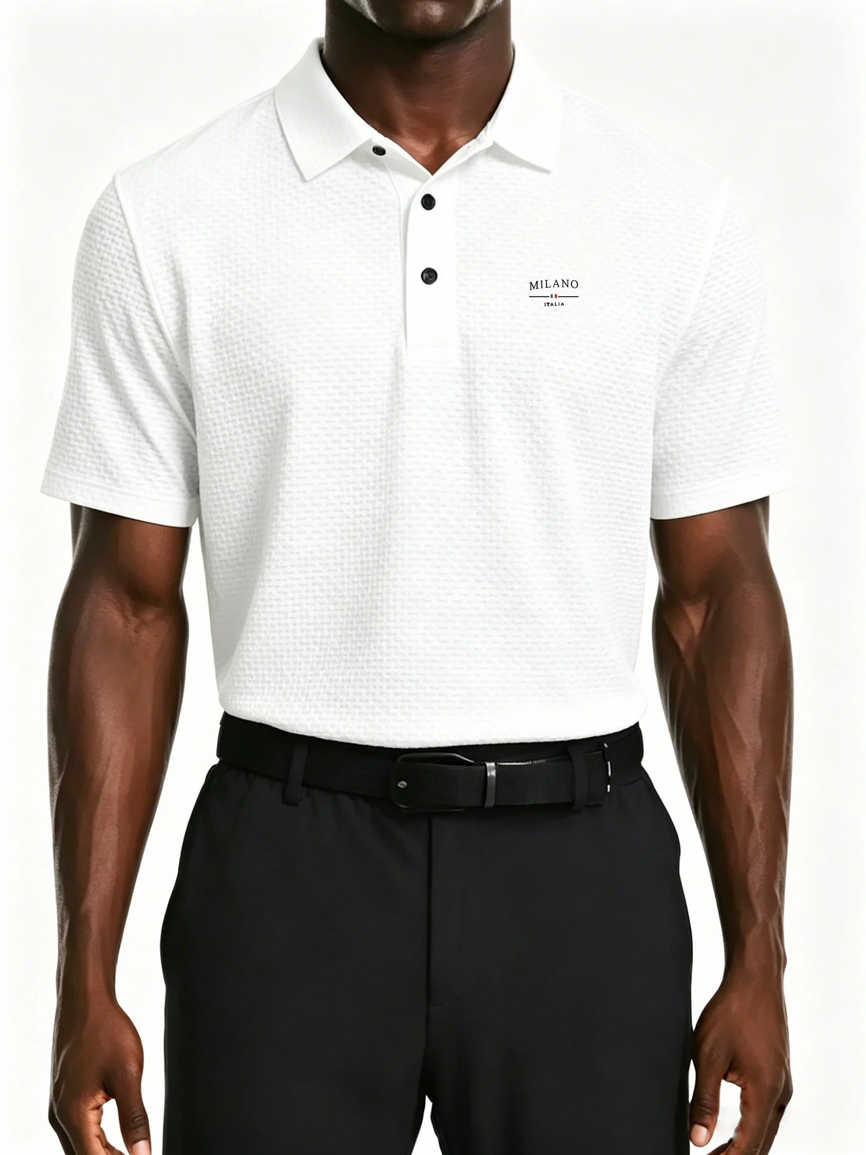mens milano italy letter jacquard polo shirt breathable quick dry fabric casual business golf short sleeve top