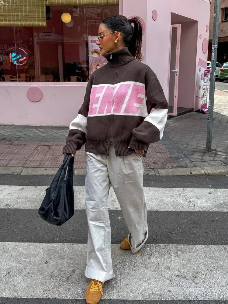 2026 Letter Printed Sweater Zipper Coats Women Elegant Stand Collar Lantern Long Sleeve Loose Fitting Cardigan Chic - ATFH