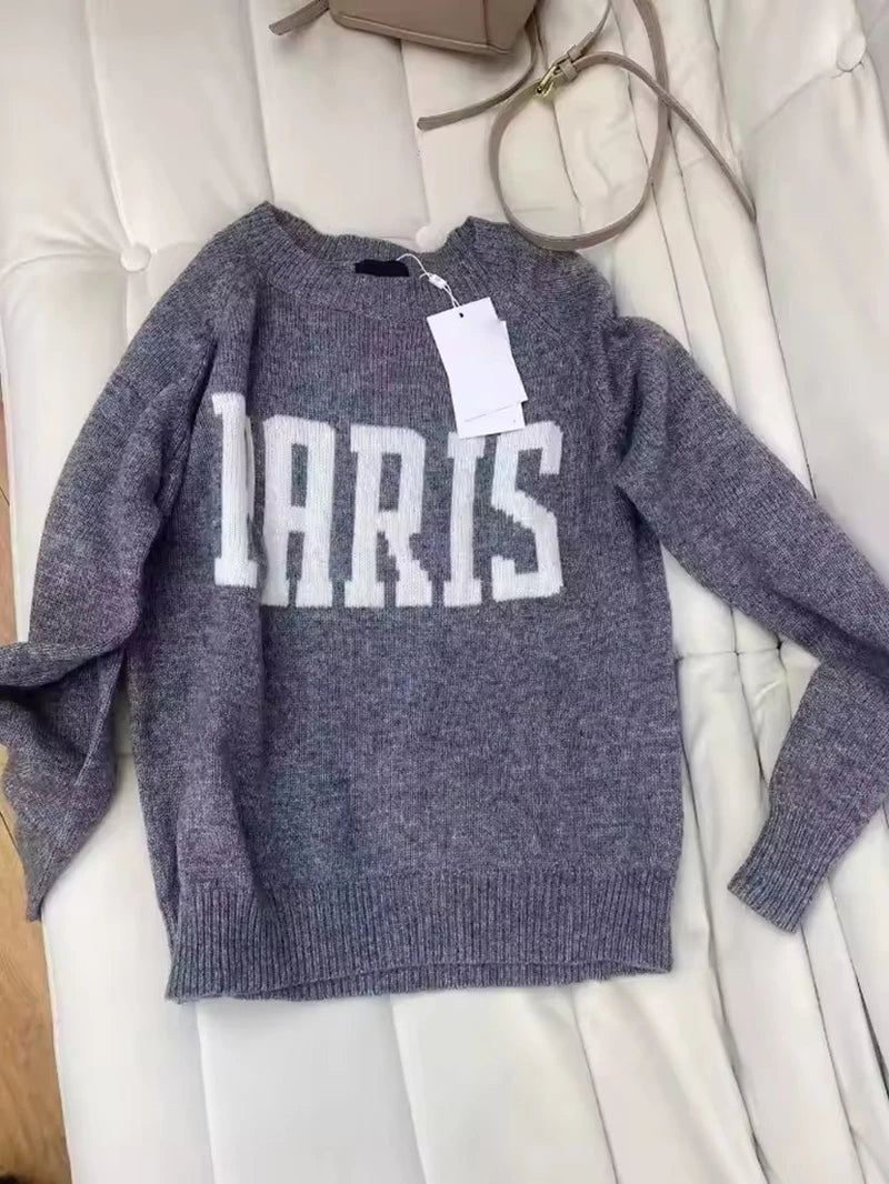 2026 Spring/Winter New Classic Paris Letter Jacquard 100% Cashmere Slim Fit Knit Sweater for Women - ATFH