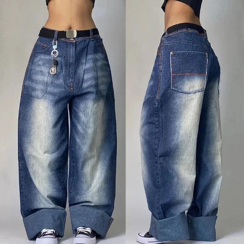 Y2K Harajuku New Punk Feng Shui Washing Old Baggy Jeans Female Streetwear Dance Popular Casual Joker High Waist Wide Leg Pants ATFH
