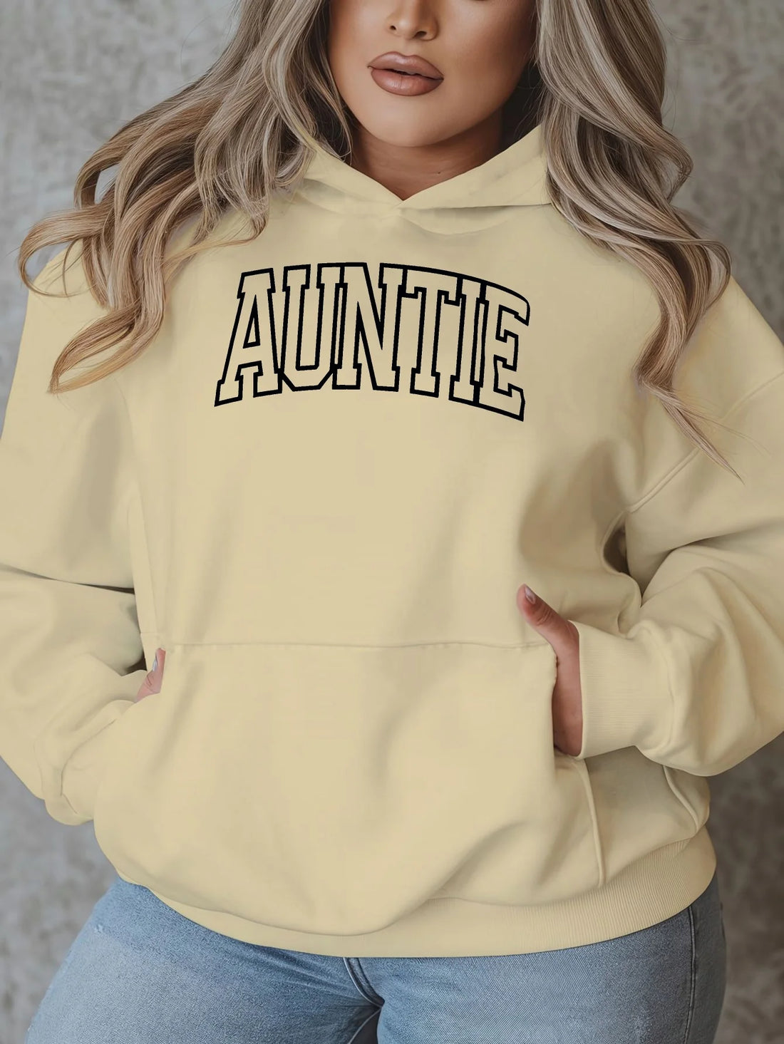 [Plus Size Hooded Sweatshirt] Women's Plus Size Casual Hooded Sweatshirt, "auntie" Print, Long Sleeve Pullover, Polyester 100% - ATFH