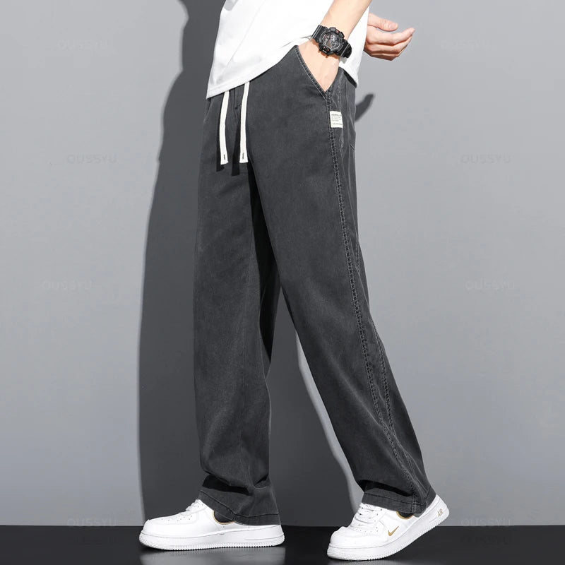 Summer Thin Soft Lyocell Fabric Jeans Men Loose Straight Wide Leg Pants Drawstring Elastic Waist Casual Trousers Plus Size M-5XL ATFH