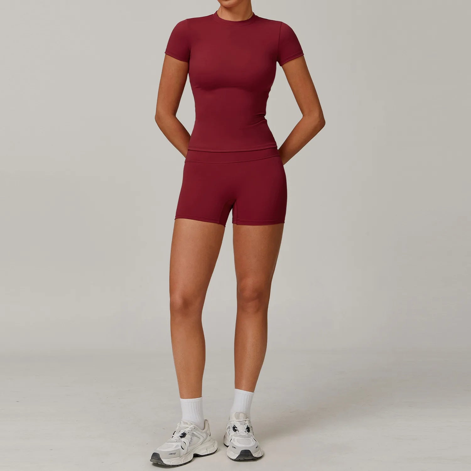 Women  Yoga Set 2PCS Workout Set Sportswear Gym Clothing Fitness Long Sleeve High Waist Leggings Cycling Shorts Sports Suits - ATFH
