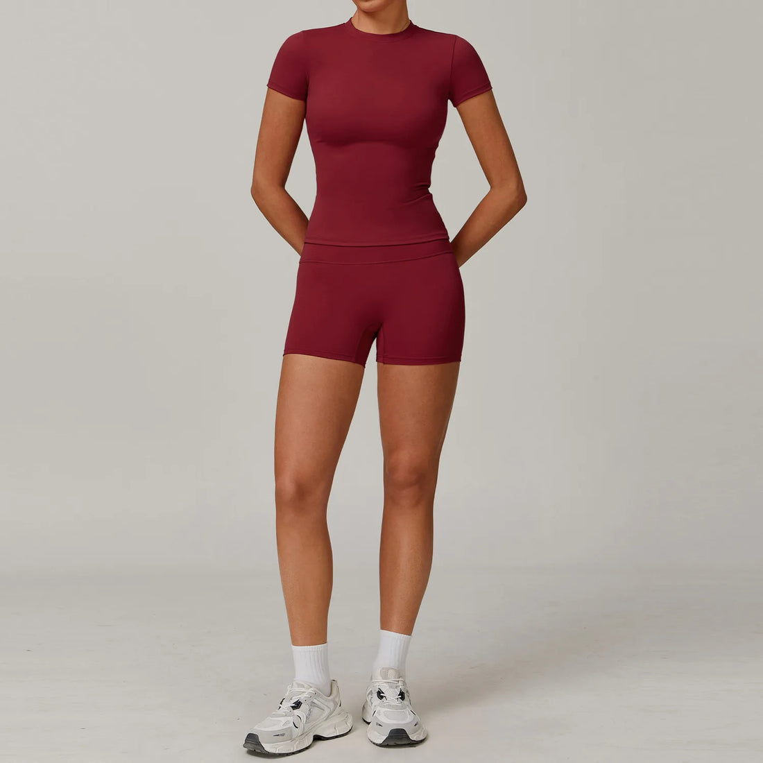 Women  Yoga Set 2PCS Workout Set Sportswear Gym Clothing Fitness Long Sleeve High Waist Leggings Cycling Shorts Sports Suits - ATFH