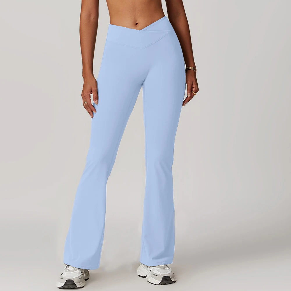 Gym Leggings Women High Waist Flared Pants Cross Waist Sport Tights Ladies Push Up Fitness Leggin Workout Clothes ATFH
