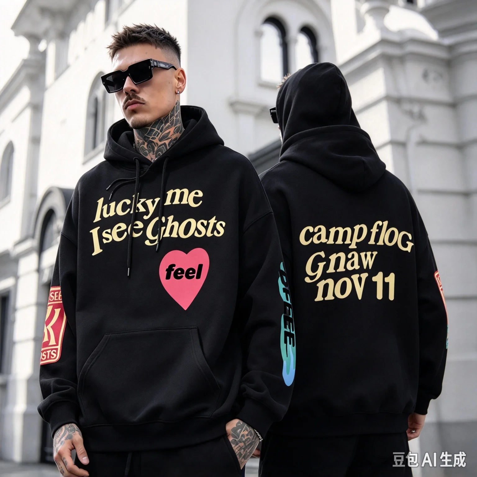 Graffiti Letter Printed Loose Hooded Kanye Sweatshirts Men Oversized Fleece Luck Me I See Ghosts Hoodie Unisex Pullover Hoody