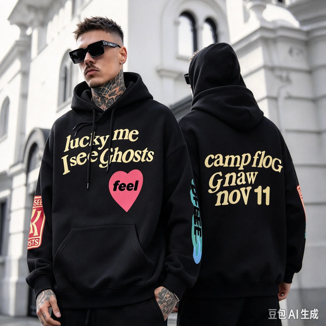 Graffiti Letter Printed Loose Hooded Kanye Sweatshirts Men Oversized Fleece Luck Me I See Ghosts Hoodie Unisex Pullover Hoody