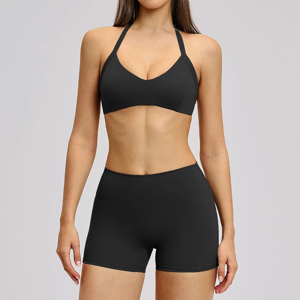 Women's Yoga Suit Breathable Quick-drying Gym Push Up Sports Set Shockproof Bra Hip Litting Leggings Shorts 2-piece Sports Set - ATFH
