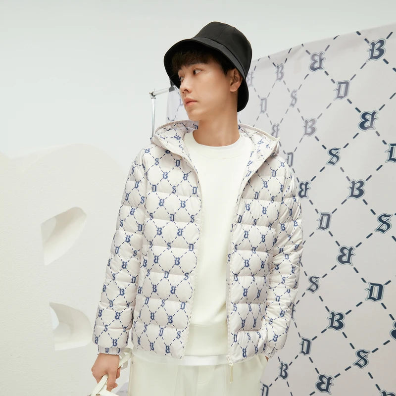 Monogram Print Down Jacket Men Hooded Streetwear Elastic Cuff Warm Winter Puffer Coat Bosideng Big Size Jacket for Men