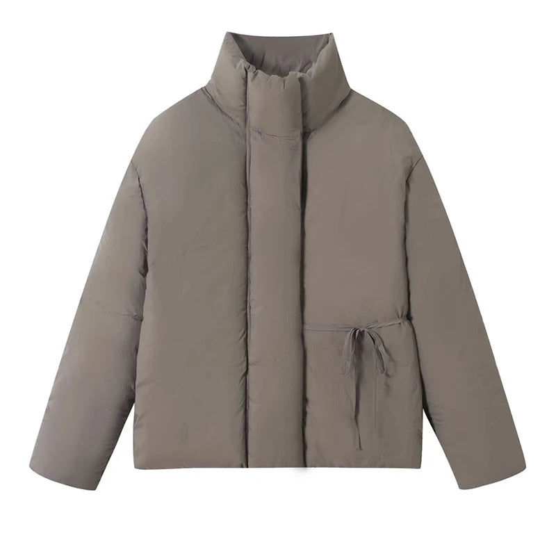 Casual Lace Up Women Winter Coats 2025 Belt Stand Collar Zipper Full Sleeve Kimono Jacket Lady Solid Thick Warm Outwear New ATFH
