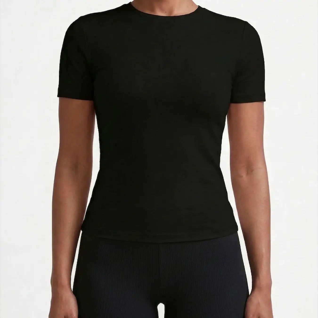Women's Casual Solid Color Black and White Short-Sleeve T-Shirt Top - ATFH