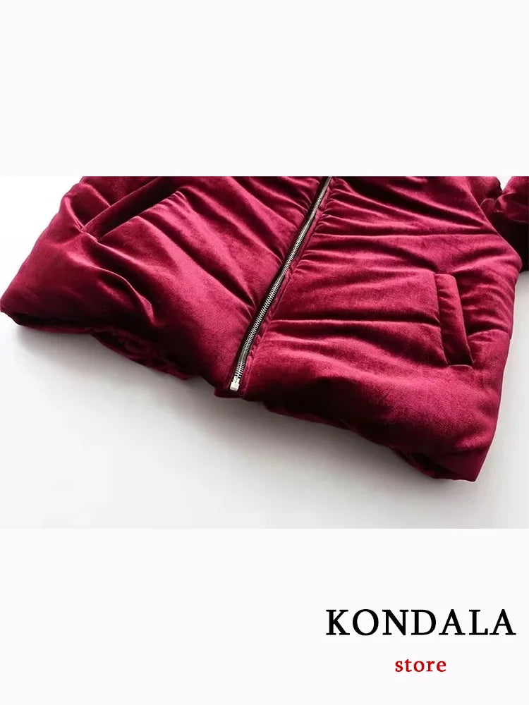 KONDALA Vintage Casual Women Jackets Solid O Neck Zipper Pocket Velvet Coats New Fashion 2023 Autumn Winter Thick Warm Outwears ATFH
