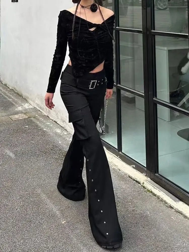 Retro new pure black rivet design belt decorative slim pants for women y2k Harajuku Goth low-waisted flared pants ATFH