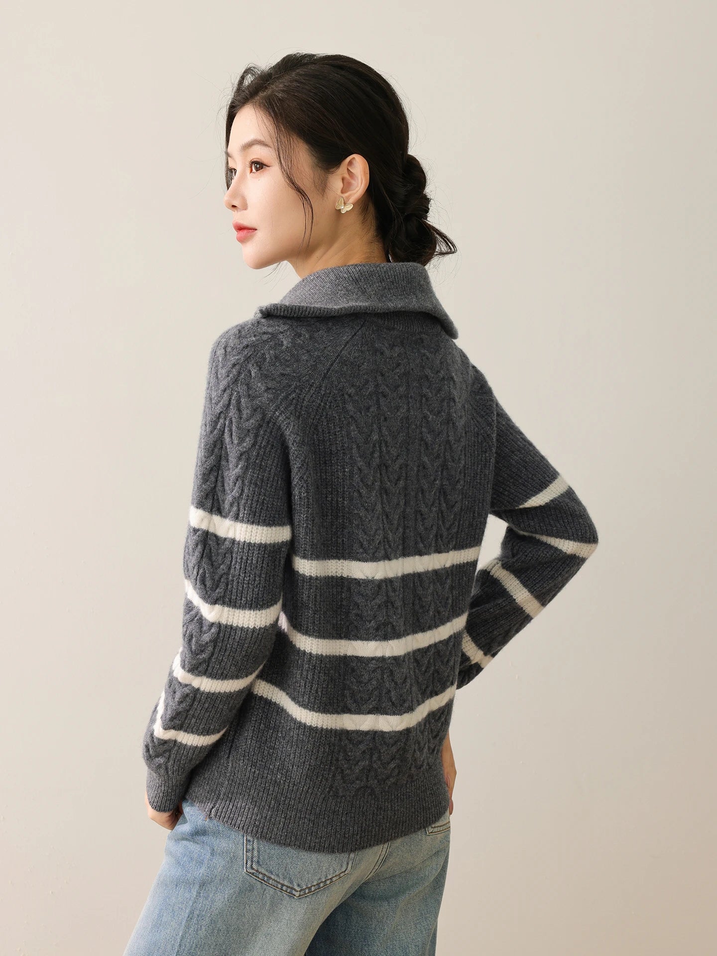 Women 100% Merino Wool Half Zipper Twisted Flower Pullover Knitted Collar Striped Color Blocking Sweater Casual Thick Warm Tops - ATFH
