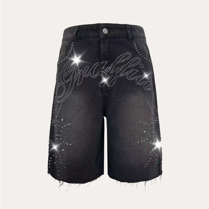 American Streetwear Men's Non-Stretch Denim Shorts Rhinestone Letter Washed Frayed Hem Knee-Length Summer Jeans Shorts ATFH