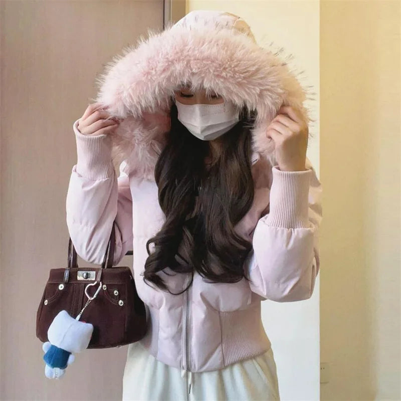 Korean Cotton Jacket Women's Short Winter 2026 New Item Small Cotton Jacket Big Fur Collar Waist Slimming Cotton Jacket Pink