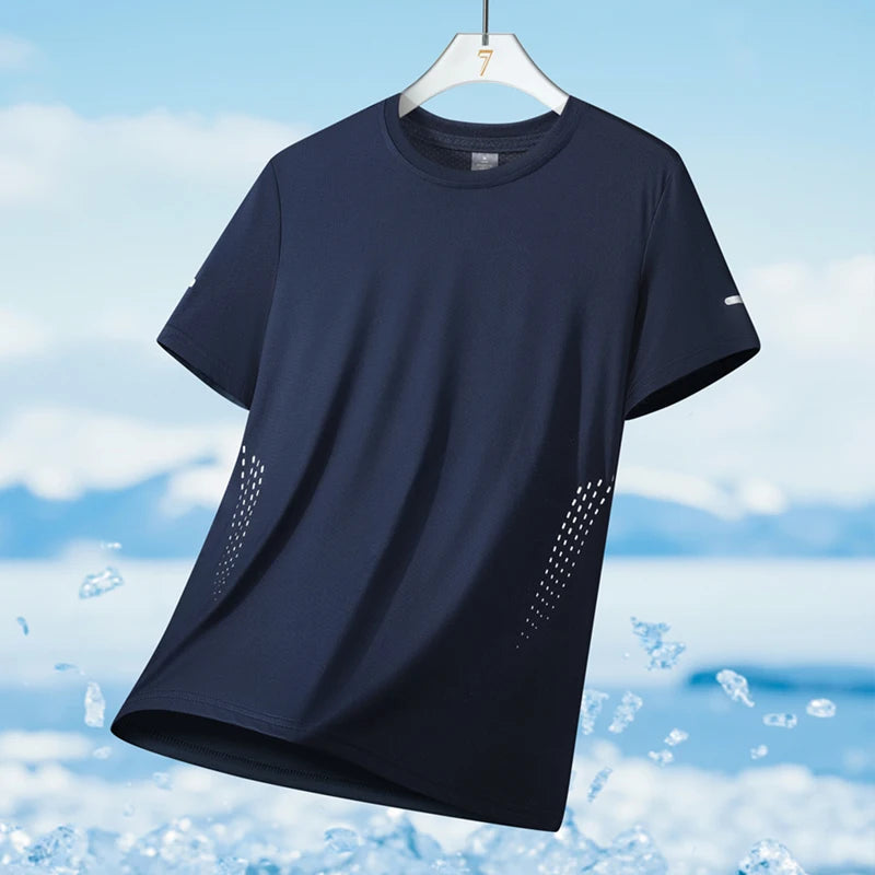 Running T-shirt Men Summer Ice Silk Thin Top Reflective Printing Quick Dry Short Sleeve Breathable Fitness Sports T-shirt 5XL ATFH