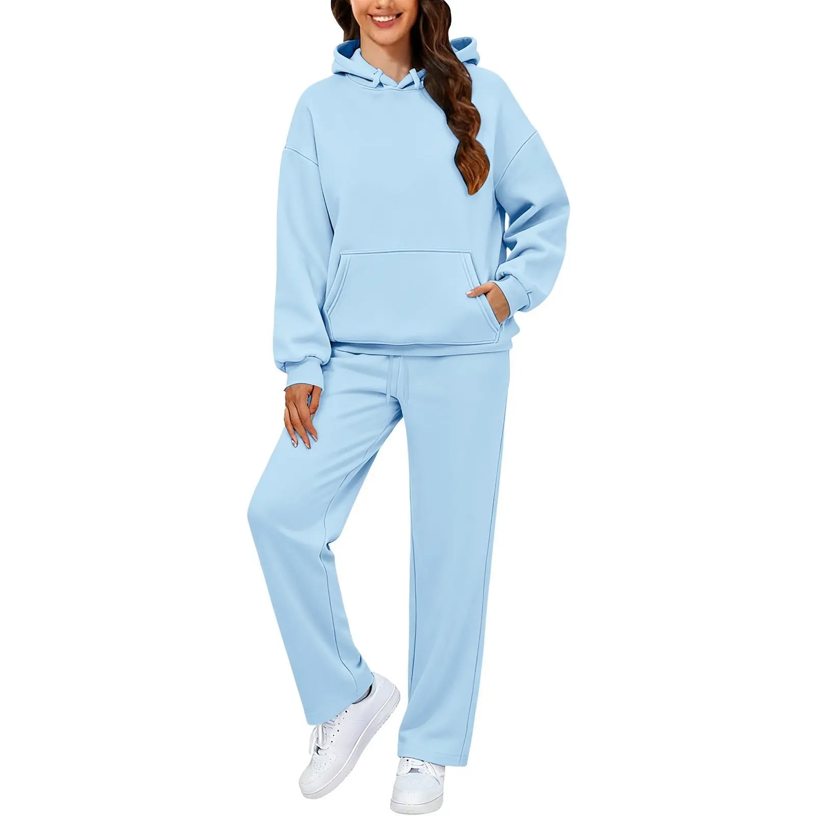 Autumn Winter Women Hoodie+Wide Leg Pants Two Pieces Casual Fleece Loose Long Sleeve Tracksuit Comfortable Sports Women Suit