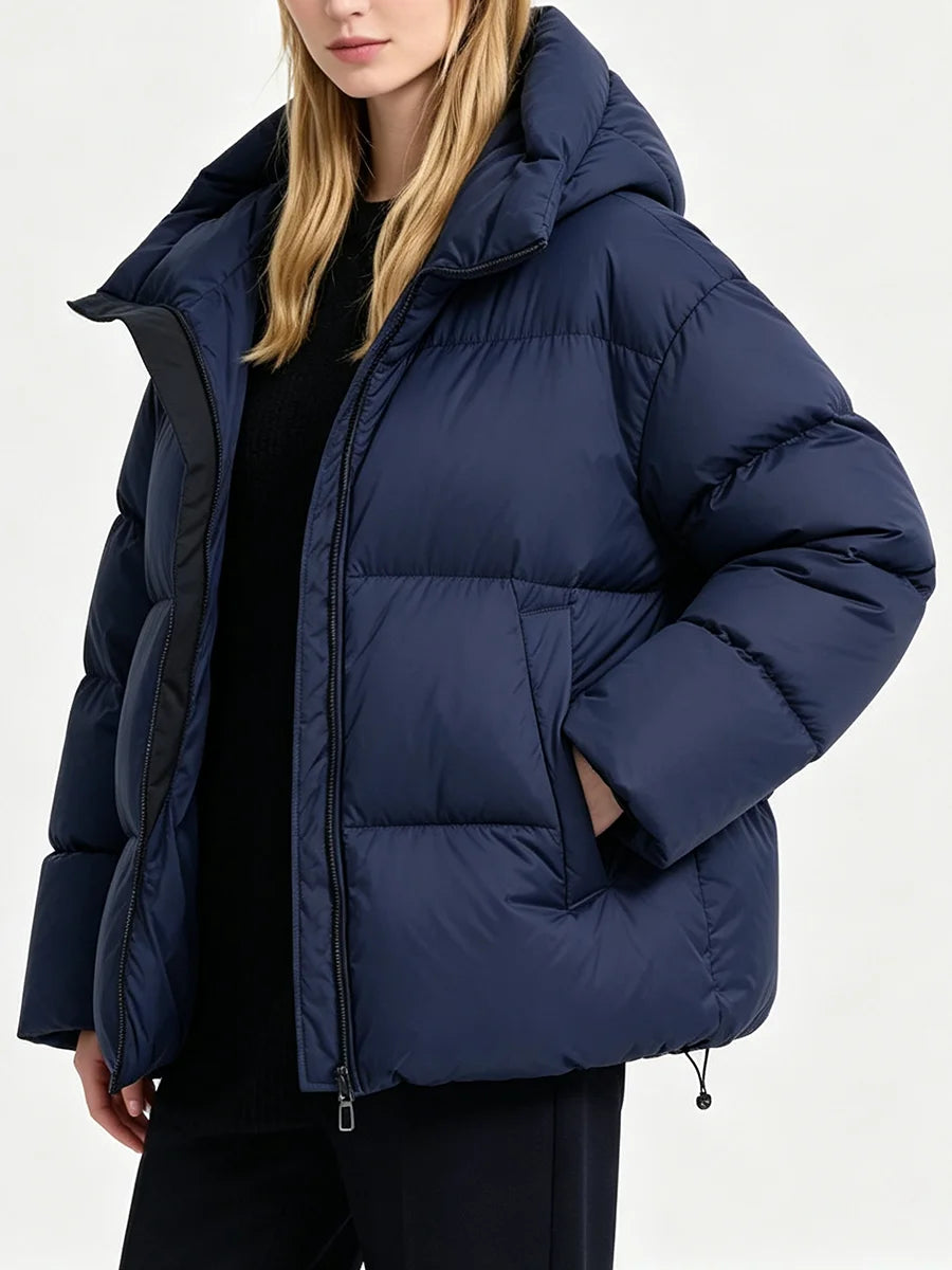 RU Women Hooded Short Puffer  Zip‑Up Loose Long Sleeve Drawstring Hood Warm Winter Female Outerwear