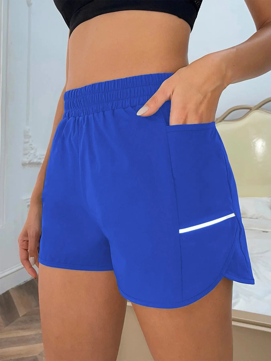 Women's new shorts with mobile phone pocket, elastic waist, sports belt, reflective strips, casual fashion sports shorts Tahsi Fashion House