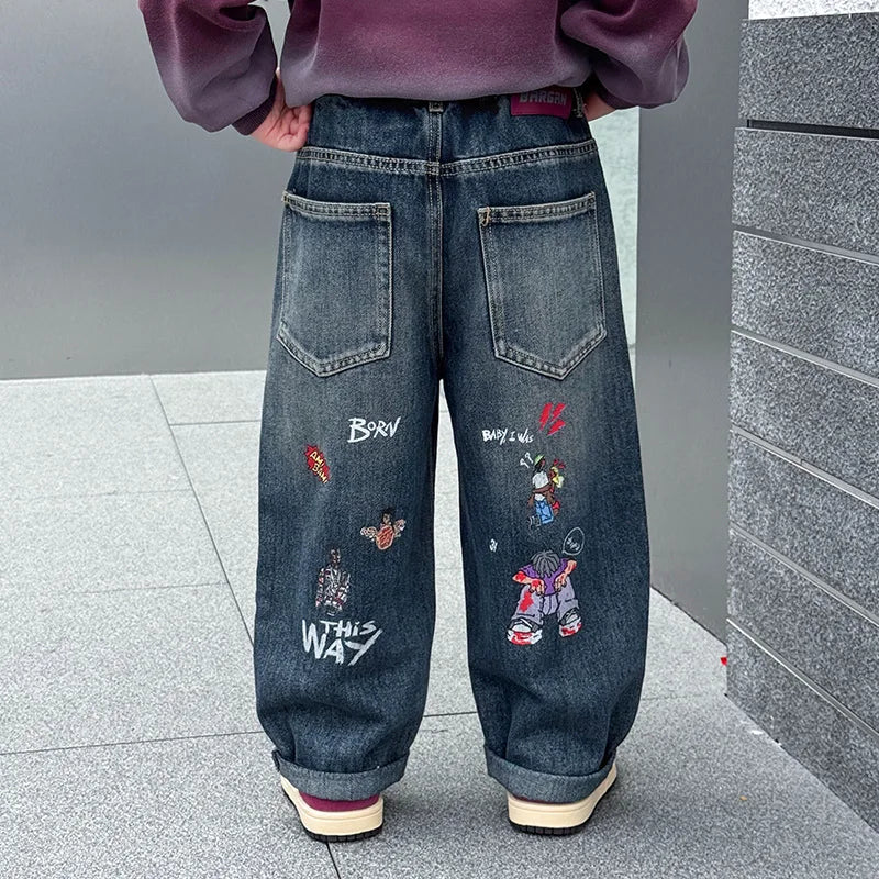 Boys Fashion Jeans Spring Autumn New Cartoon Denim Pants Straight Leg Trousers Trendy Children's Clothing Baby Boys  ﻿ ATFH