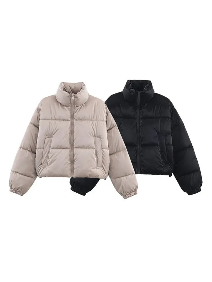 Women's Solid Cropped Puffer Jacket Stand Collar Quilted Fabric Elastic Cuff Coat Winter Casual Outings Daily Wear Cold Weather ATFH