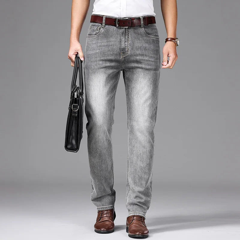 Spring/Summer 2023 Men's Gray Frayed Thin Jeans Classic Style Business Fashion Cotton Denim Stretch Pants Male Brand Trousers ATFH