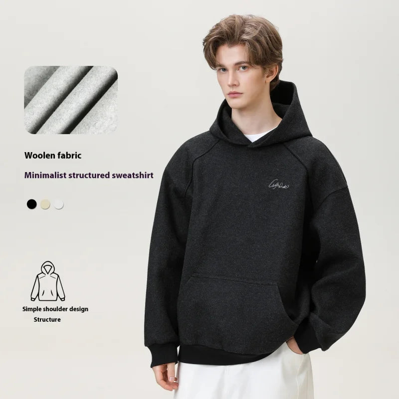 【Mirrordust】Autumn Loose Versatile Letter Embroidery Hooded Sweatshirt for Men American Street Style Casual Solid Color Hoodie - ATFH