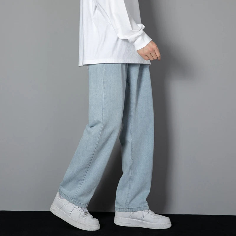 2026 New Korean Men's Casual Long Jeans Classic Man Straight Denim Wide-leg Pants Solid Color Light Blue Grey Black ATFH