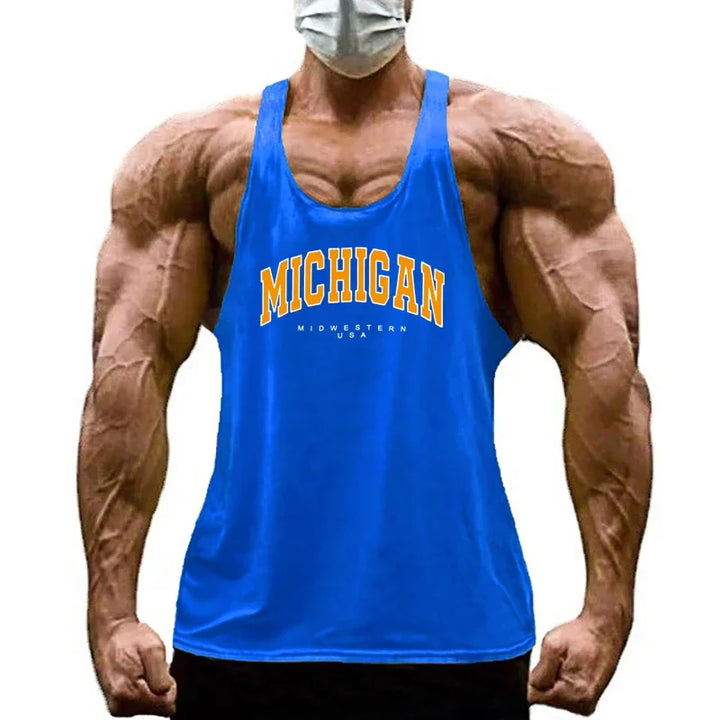 Michigan Midwestern USA Print Sport Tank Tops Mens Fitness Y-Back Cotton Sleeveless Shirt Gym Bodybuilding Muscle Stringer